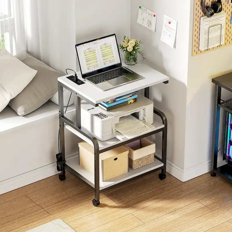 Meuble de Rangement pour Imprimante à 3 Niveaux avec Étagère de Rangement Réglable en Hauteur, Station de Charge et Roulettes