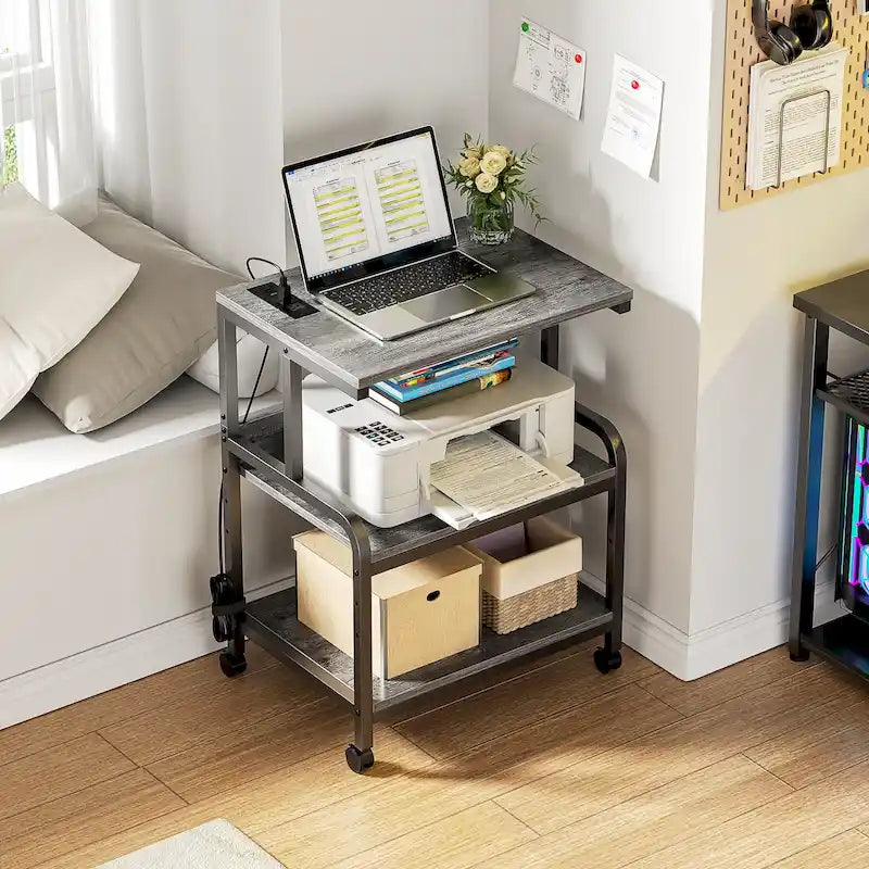 Meuble de Rangement pour Imprimante à 3 Niveaux avec Étagère de Rangement Réglable en Hauteur, Station de Charge et Roulettes