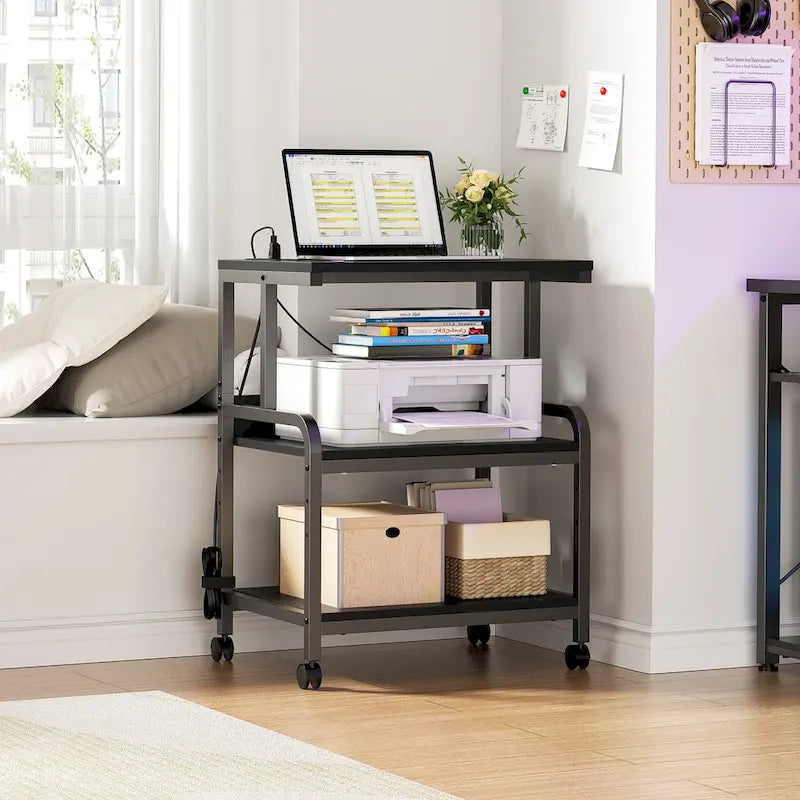 Meuble de Rangement pour Imprimante à 3 Niveaux avec Étagère de Rangement Réglable en Hauteur, Station de Charge et Roulettes