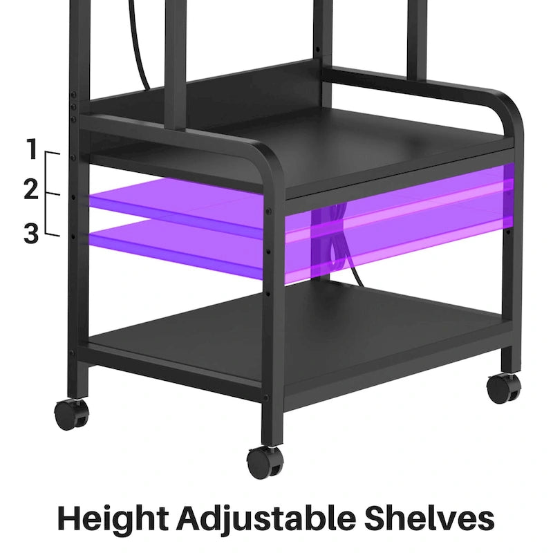 Meuble de Rangement pour Imprimante à 3 Niveaux avec Étagère de Rangement Réglable en Hauteur, Station de Charge et Roulettes