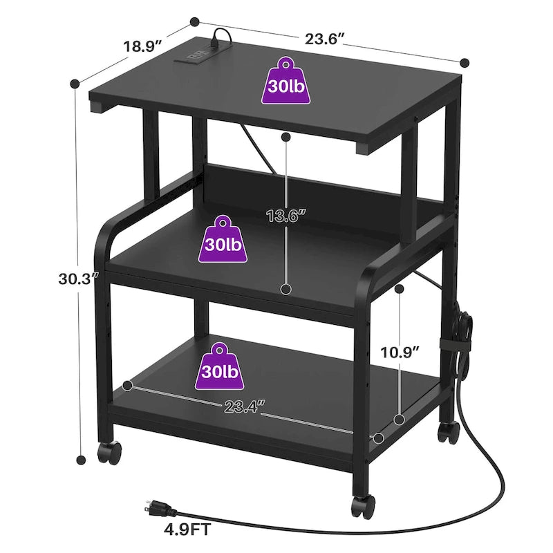 Meuble de Rangement pour Imprimante à 3 Niveaux avec Étagère de Rangement Réglable en Hauteur, Station de Charge et Roulettes