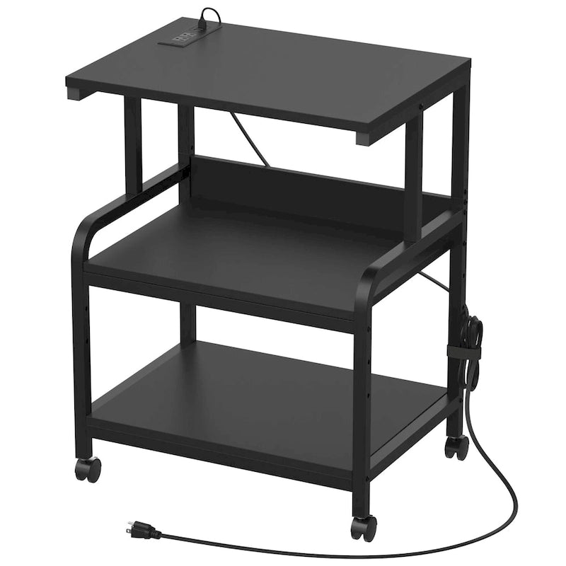 Meuble de Rangement pour Imprimante à 3 Niveaux avec Étagère de Rangement Réglable en Hauteur, Station de Charge et Roulettes