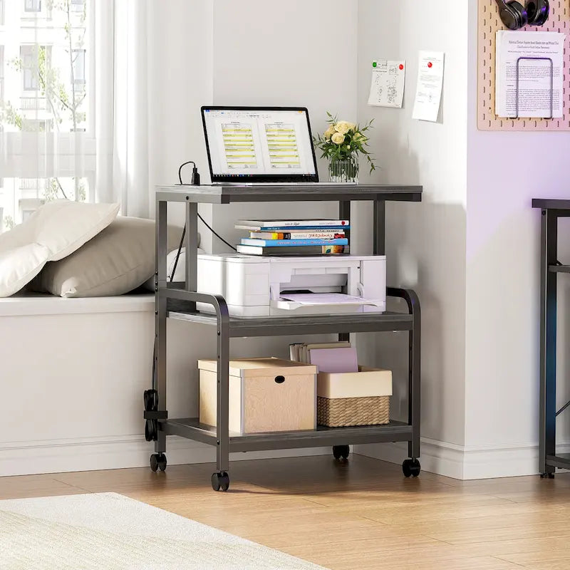 Meuble de Rangement pour Imprimante à 3 Niveaux avec Étagère de Rangement Réglable en Hauteur, Station de Charge et Roulettes