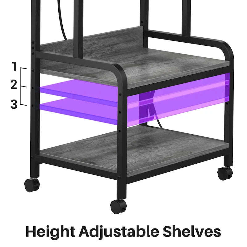 Meuble de Rangement pour Imprimante à 3 Niveaux avec Étagère de Rangement Réglable en Hauteur, Station de Charge et Roulettes