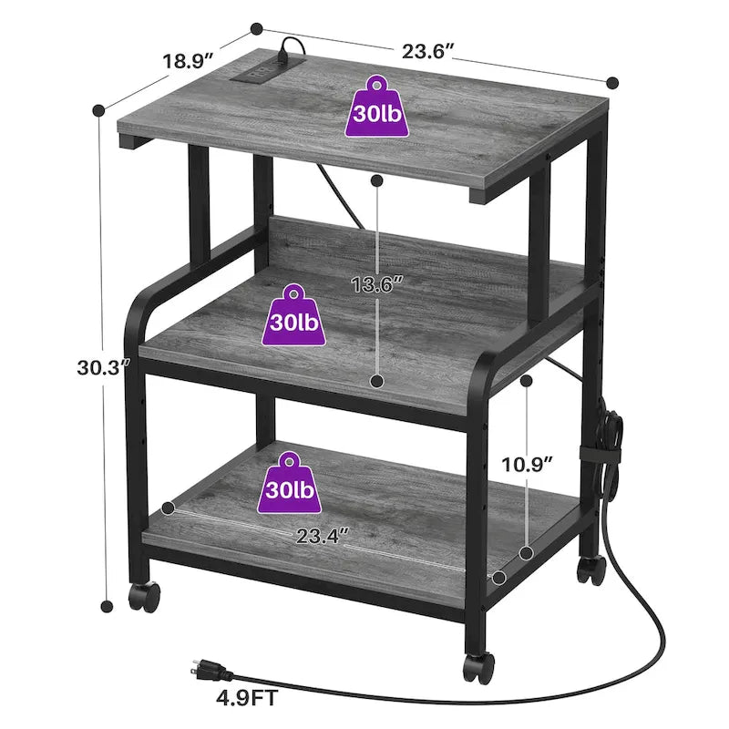 Meuble de Rangement pour Imprimante à 3 Niveaux avec Étagère de Rangement Réglable en Hauteur, Station de Charge et Roulettes