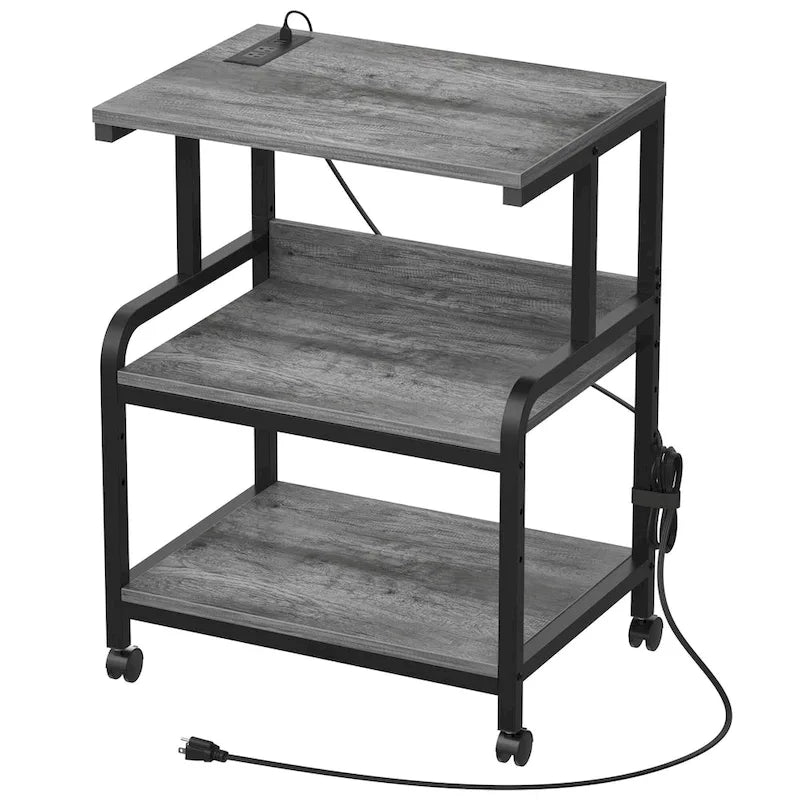 Meuble de Rangement pour Imprimante à 3 Niveaux avec Étagère de Rangement Réglable en Hauteur, Station de Charge et Roulettes