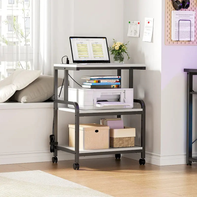 Meuble de Rangement pour Imprimante à 3 Niveaux avec Étagère de Rangement Réglable en Hauteur, Station de Charge et Roulettes