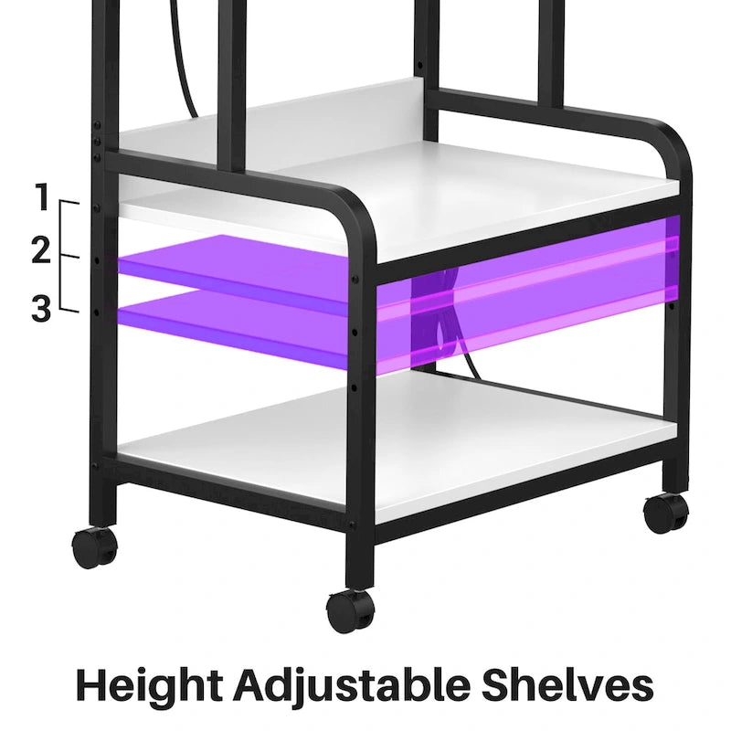 Meuble de Rangement pour Imprimante à 3 Niveaux avec Étagère de Rangement Réglable en Hauteur, Station de Charge et Roulettes