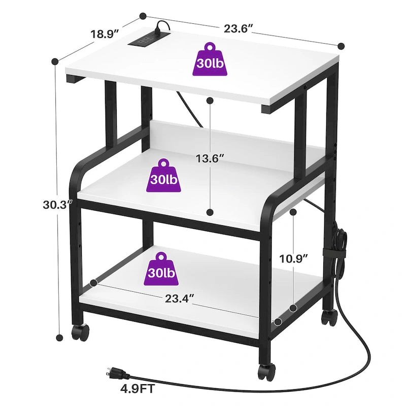 Meuble de Rangement pour Imprimante à 3 Niveaux avec Étagère de Rangement Réglable en Hauteur, Station de Charge et Roulettes