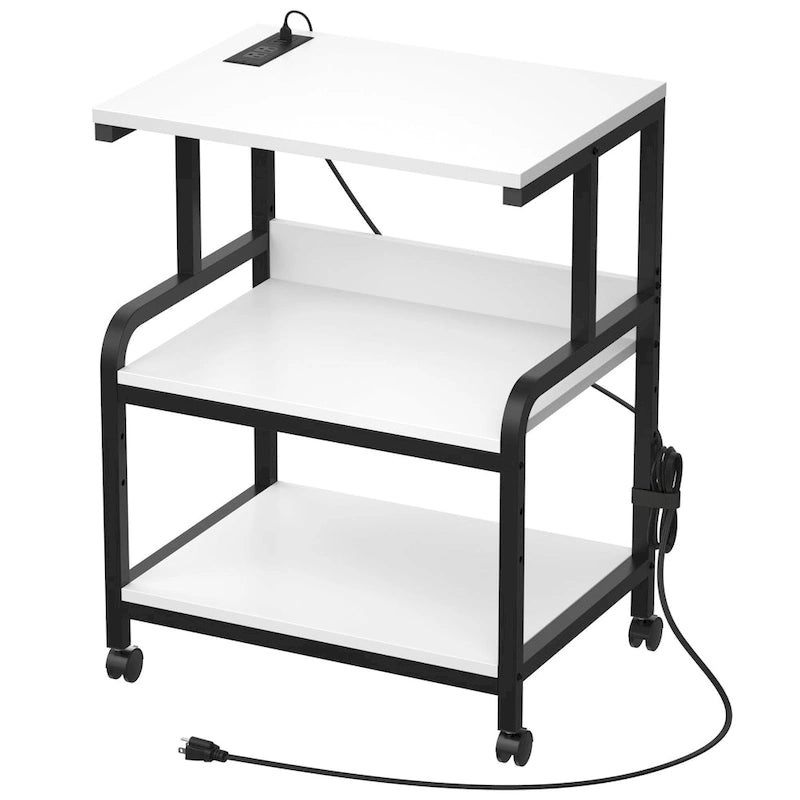 Meuble de Rangement pour Imprimante à 3 Niveaux avec Étagère de Rangement Réglable en Hauteur, Station de Charge et Roulettes