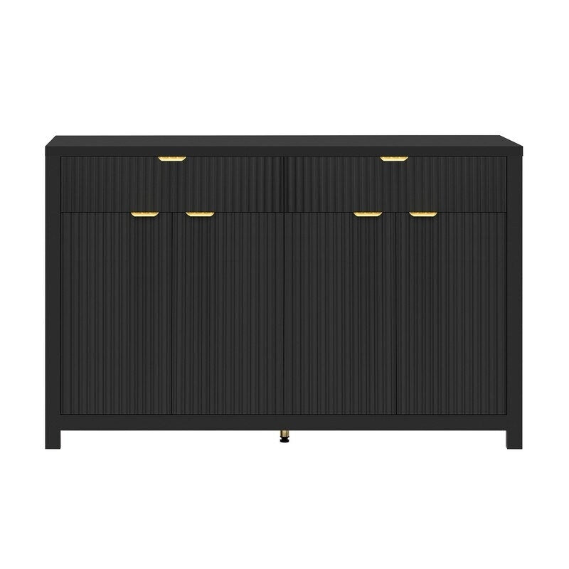Bahut à motifs ondulés avec 4 portes, 2 tiroirs et 3 étagères réglables, accentué par d'élégantes poignées en arc en aluminium.