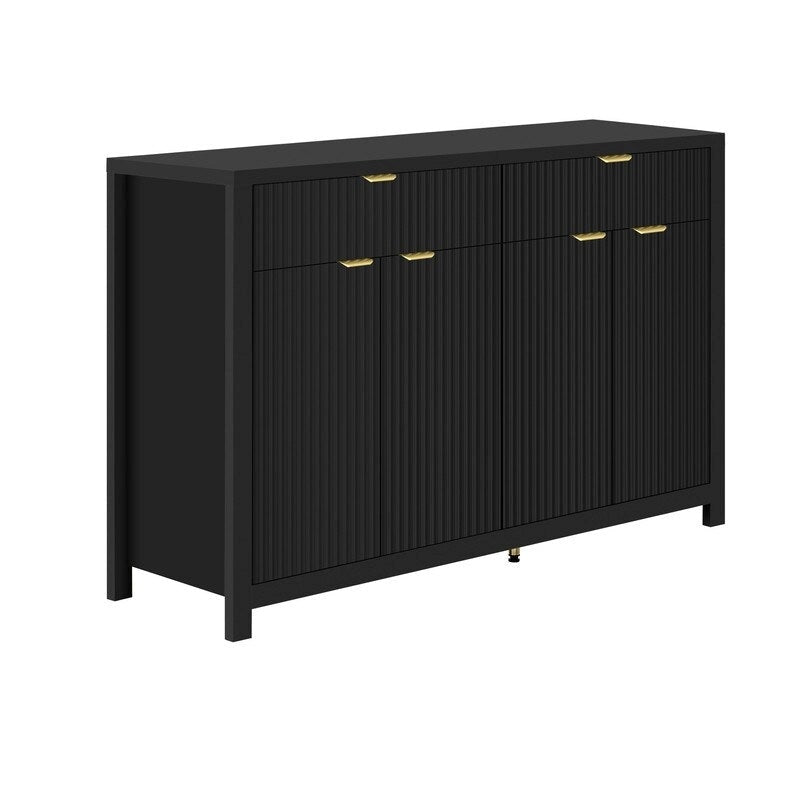 Bahut à motifs ondulés avec 4 portes, 2 tiroirs et 3 étagères réglables, accentué par d'élégantes poignées en arc en aluminium.