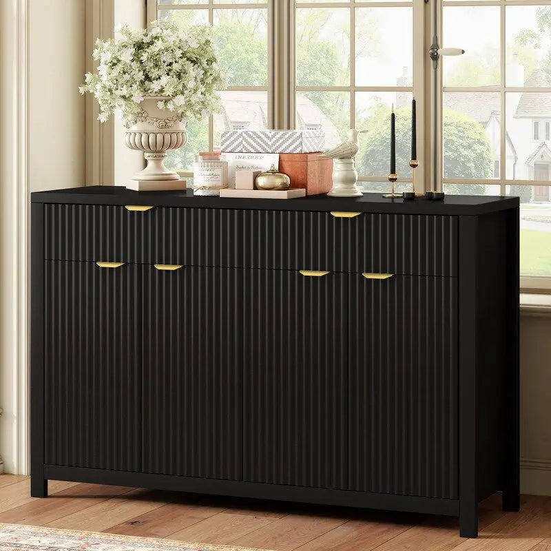 Bahut à motifs ondulés avec 4 portes, 2 tiroirs et 3 étagères réglables, accentué par d'élégantes poignées en arc en aluminium.