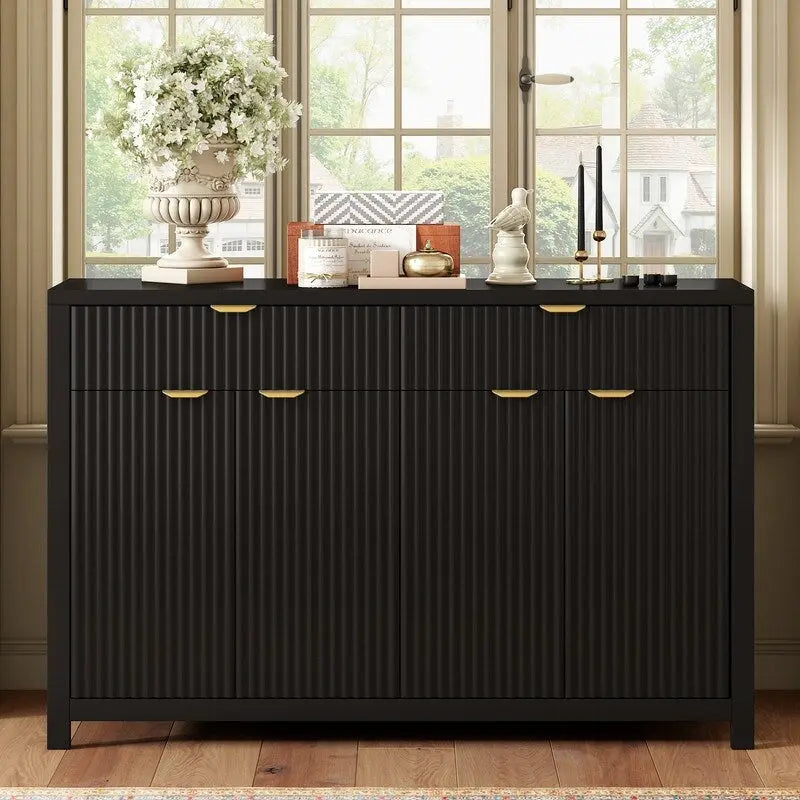 Bahut à motifs ondulés avec 4 portes, 2 tiroirs et 3 étagères réglables, accentué par d'élégantes poignées en arc en aluminium.