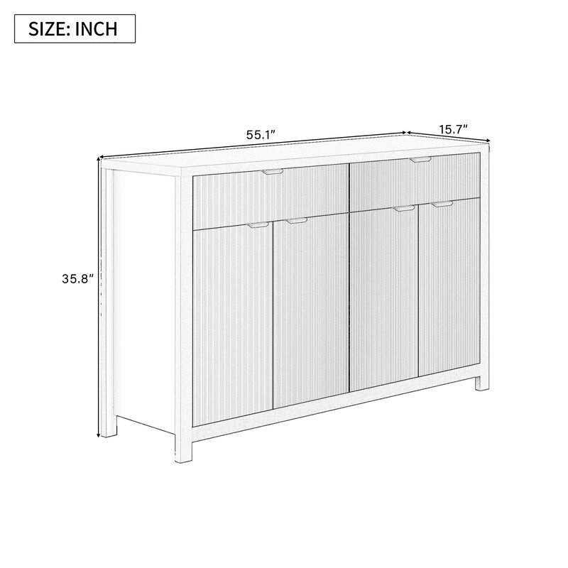 Bahut à motifs ondulés avec 4 portes, 2 tiroirs et 3 étagères réglables, accentué par d'élégantes poignées en arc en aluminium.