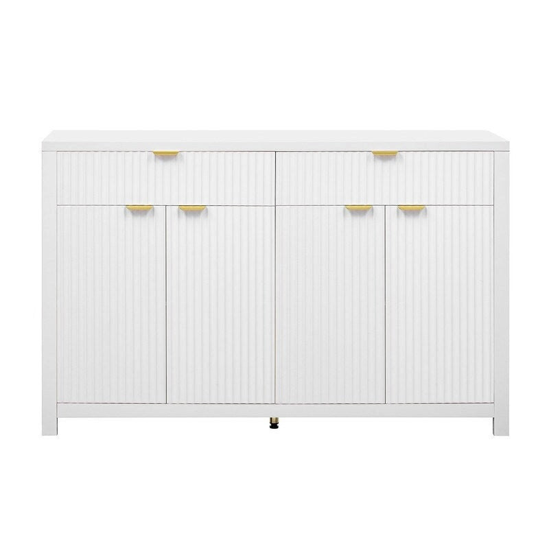 Bahut à motifs ondulés avec 4 portes, 2 tiroirs et 3 étagères réglables, accentué par d'élégantes poignées en arc en aluminium.