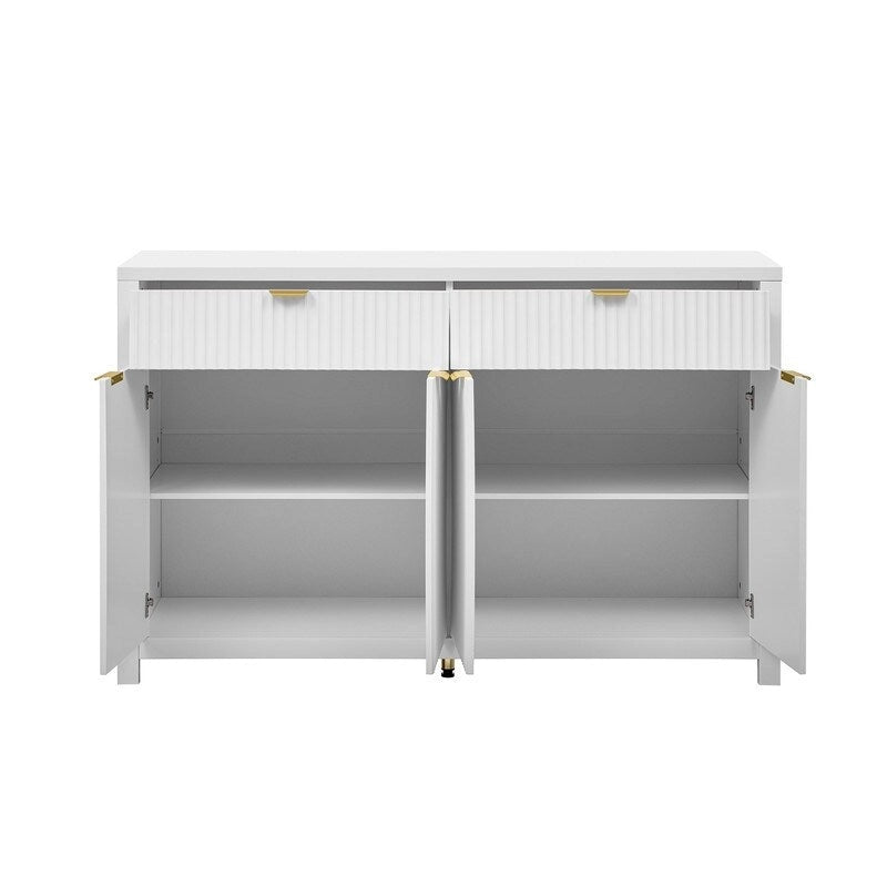 Bahut à motifs ondulés avec 4 portes, 2 tiroirs et 3 étagères réglables, accentué par d'élégantes poignées en arc en aluminium.