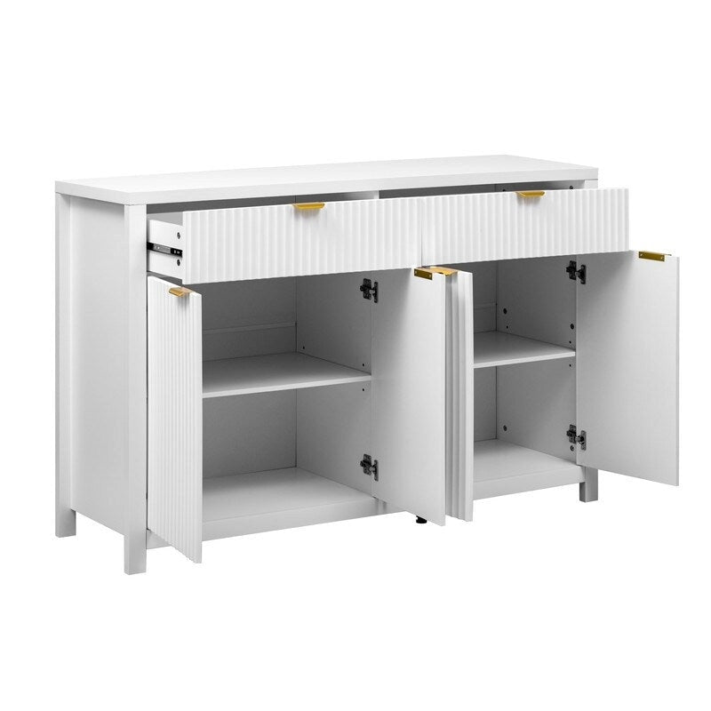 Bahut à motifs ondulés avec 4 portes, 2 tiroirs et 3 étagères réglables, accentué par d'élégantes poignées en arc en aluminium.