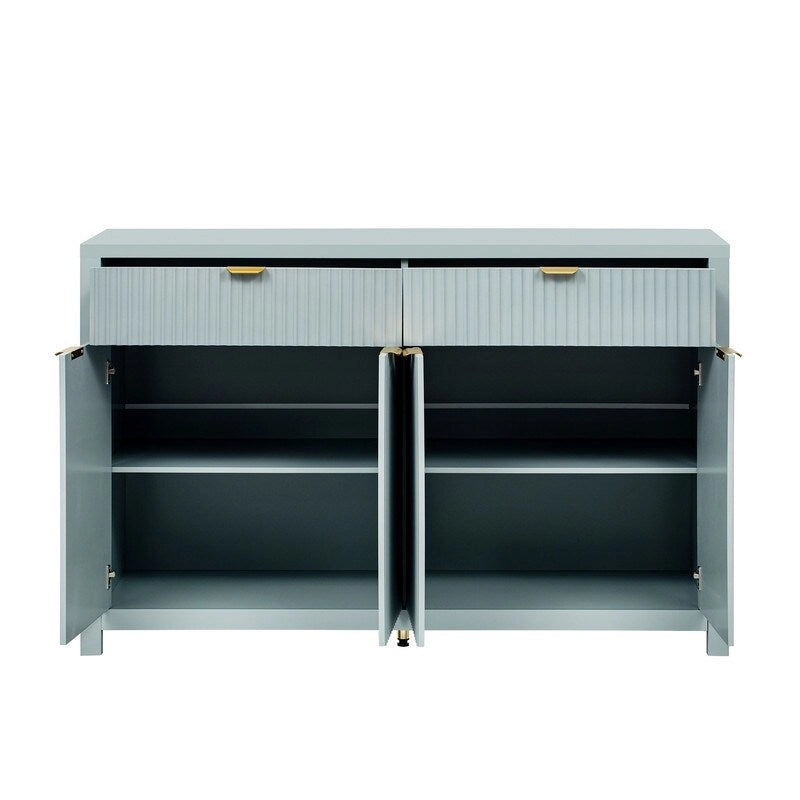 Bahut à motifs ondulés avec 4 portes, 2 tiroirs et 3 étagères réglables, accentué par d'élégantes poignées en arc en aluminium.