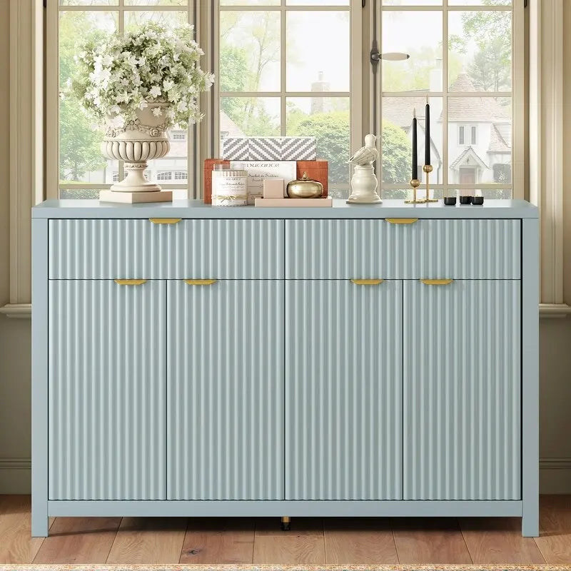 Bahut à motifs ondulés avec 4 portes, 2 tiroirs et 3 étagères réglables, accentué par d'élégantes poignées en arc en aluminium.