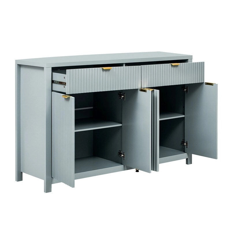 Bahut à motifs ondulés avec 4 portes, 2 tiroirs et 3 étagères réglables, accentué par d'élégantes poignées en arc en aluminium.