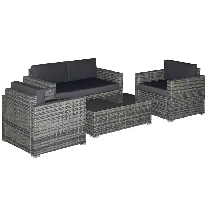 Ensemble de mobilier de jardin en rotin 4 pièces Outsunny, salon de conversation extérieur rembourré avec 2 chaises, causeuse et table basse en verre