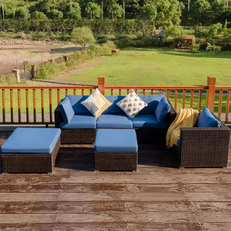 Costway 6PCS Patio Rattan Furniture Set Sofa Coffee Table Ottoman Navy