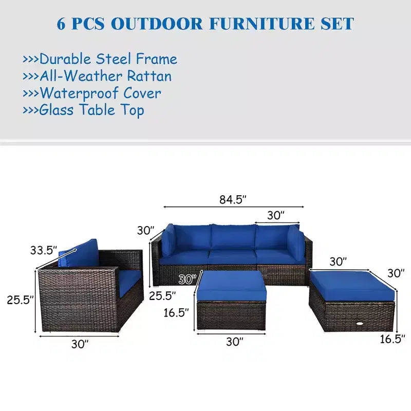 Costway Ensemble de Meubles de Jardin en Rotin 6 Pièces Canapé Table Basse Pouf Bleu Marine