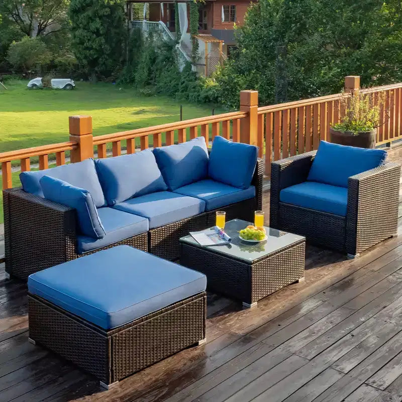 Costway Ensemble de Meubles de Jardin en Rotin 6 Pièces Canapé Table Basse Pouf Bleu Marine