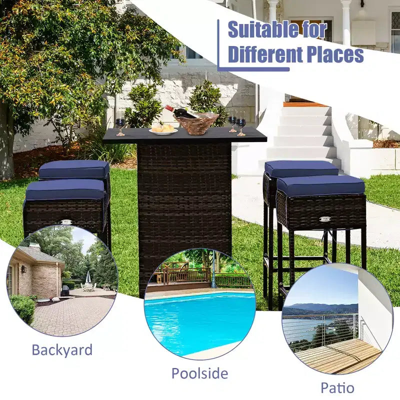 Costway Ensemble de 5 Tabourets de Bar en Rotin avec Table de Patio, Étagère de Rangement Dissimulée et Coussins