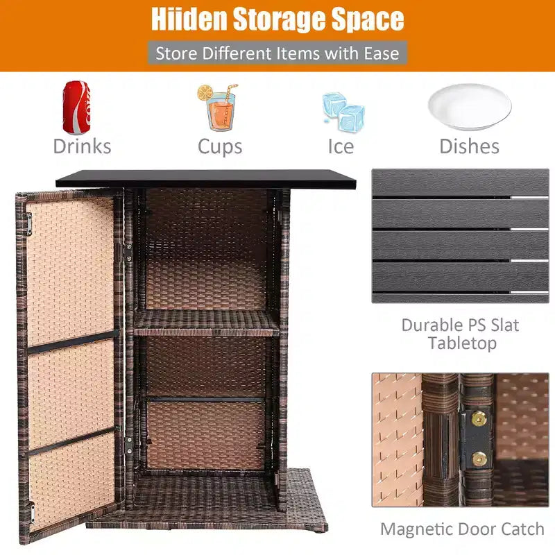 Costway Ensemble de 5 Tabourets de Bar en Rotin avec Table de Patio, Étagère de Rangement Dissimulée et Coussins