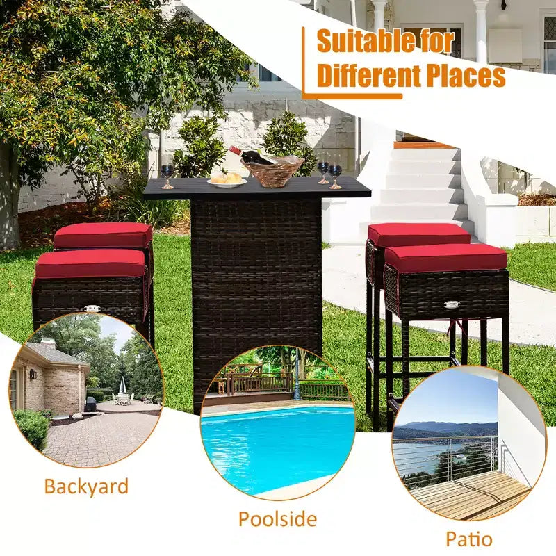 Costway Ensemble de 5 Tabourets de Bar en Rotin avec Table de Patio, Étagère de Rangement Dissimulée et Coussins