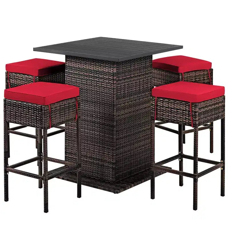 Costway Ensemble de 5 Tabourets de Bar en Rotin avec Table de Patio, Étagère de Rangement Dissimulée et Coussins