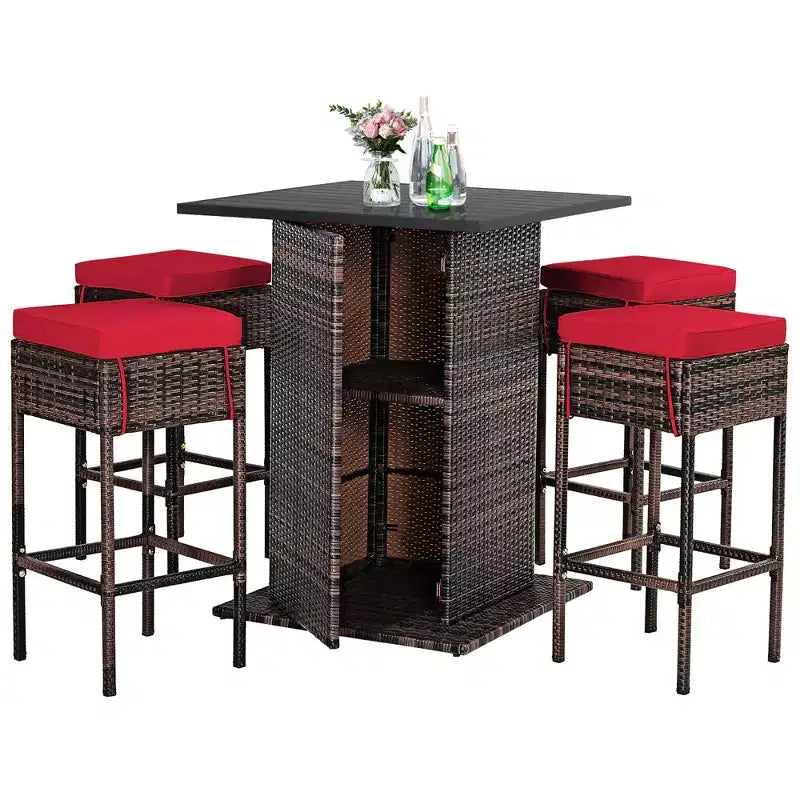 Costway Ensemble de 5 Tabourets de Bar en Rotin avec Table de Patio, Étagère de Rangement Dissimulée et Coussins