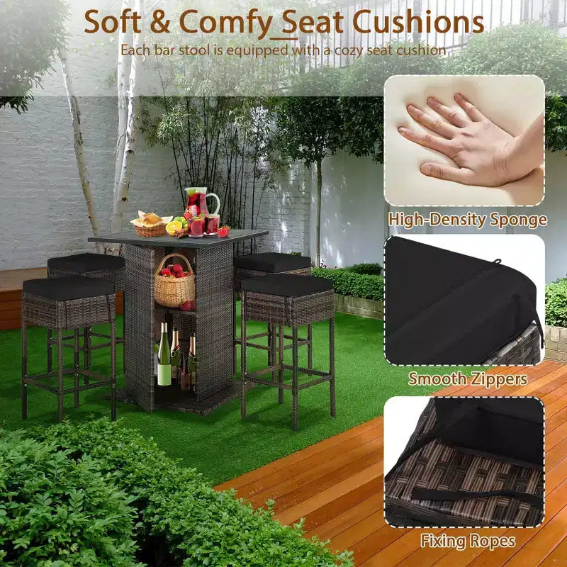 Costway Ensemble de 5 Tabourets de Bar en Rotin avec Table de Patio, Étagère de Rangement Dissimulée et Coussins