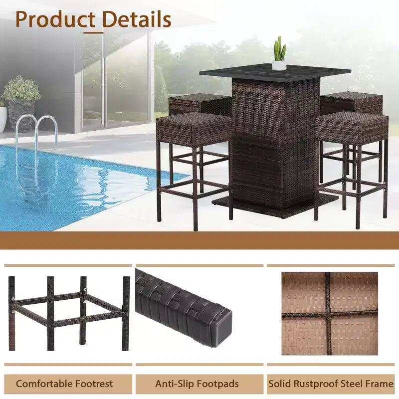 Costway Ensemble de 5 Tabourets de Bar en Rotin avec Table de Patio, Étagère de Rangement Dissimulée et Coussins