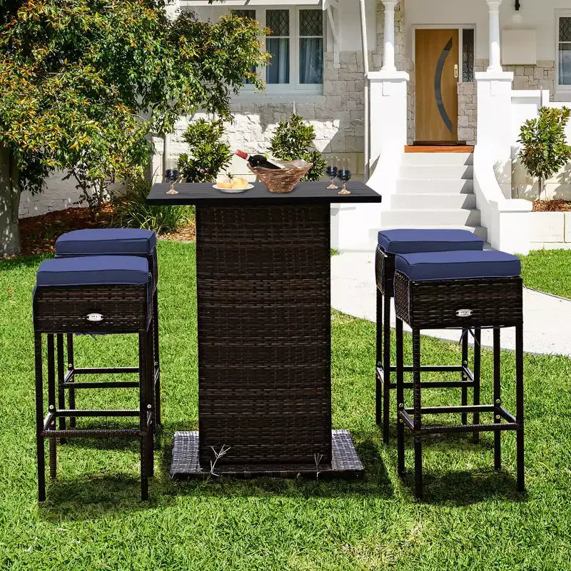Costway Ensemble de 5 Tabourets de Bar en Rotin avec Table de Patio, Étagère de Rangement Dissimulée et Coussins