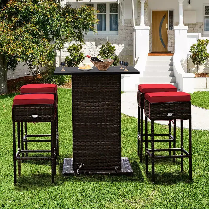 Costway Ensemble de 5 Tabourets de Bar en Rotin avec Table de Patio, Étagère de Rangement Dissimulée et Coussins