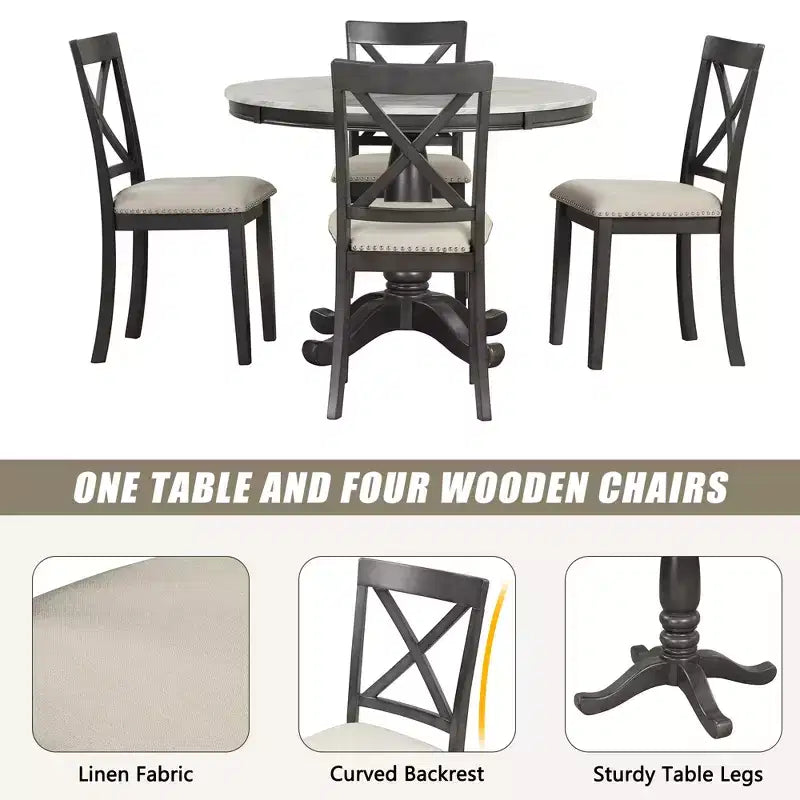 Ensemble de salle à manger 5 pièces avec table en bois massif et 4 chaises, gris - ModernLuxe