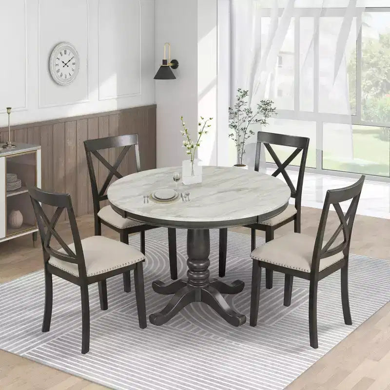 Ensemble de salle à manger 5 pièces avec table en bois massif et 4 chaises, gris - ModernLuxe