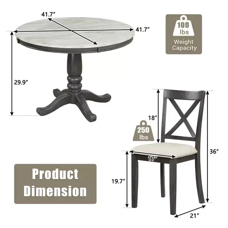 Ensemble de salle à manger 5 pièces avec table en bois massif et 4 chaises, gris - ModernLuxe