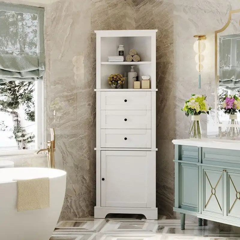 Meuble haut de salle de bain triangulaire blanc avec 3 tiroirs et étagères réglables, en MDF avec finition peinte