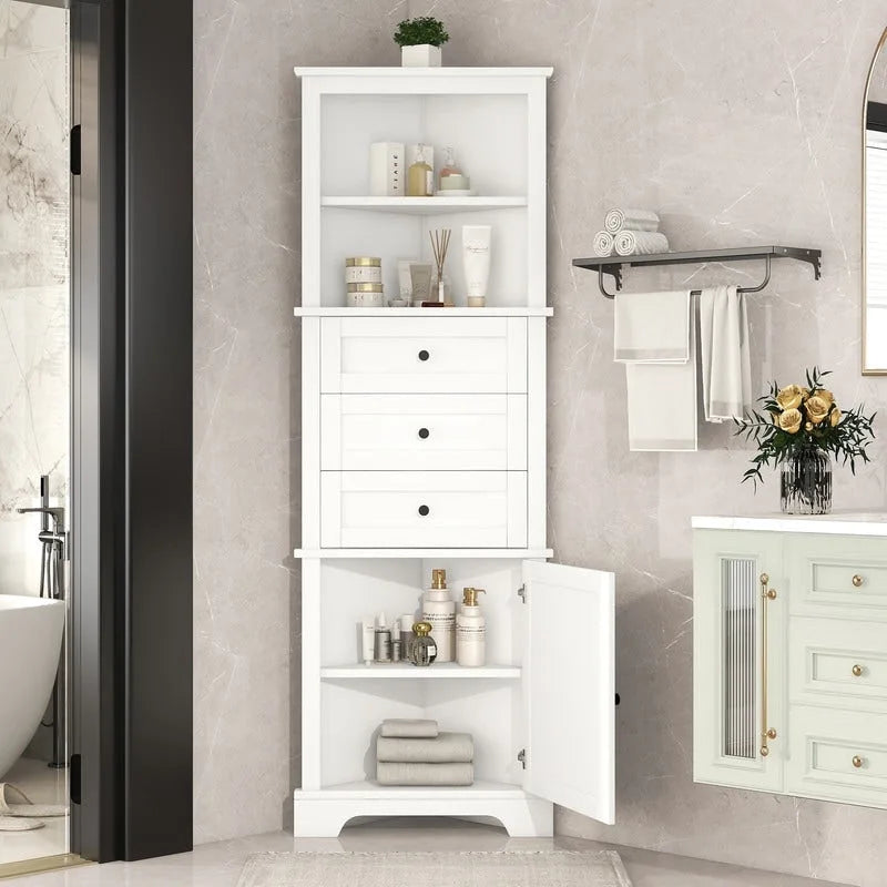 Meuble haut de salle de bain triangulaire blanc avec 3 tiroirs et étagères réglables, en MDF avec finition peinte