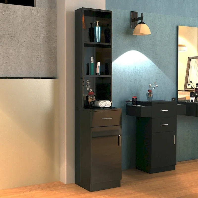 Meuble de Coiffeur sur Pied MDF Noir 5 Compartiments 1 Tiroir 1 Porte