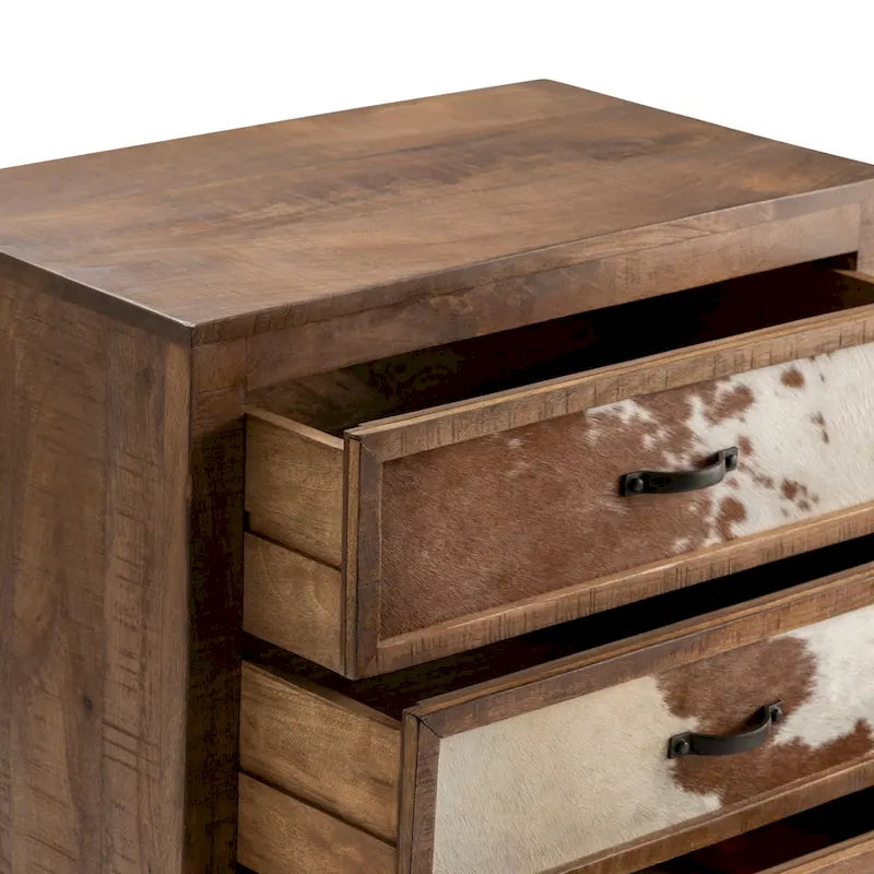 Commode en bois à trois tiroirs en peau de vache - Western/Rustique - 30x17x31