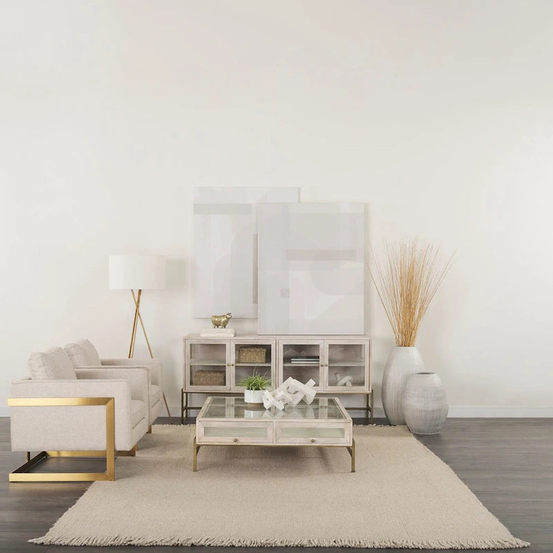 Bahut en bois massif blond avec piètement en fer doré et portes vitrées – 70 larg. x 32 haut. x 18,75 prof.