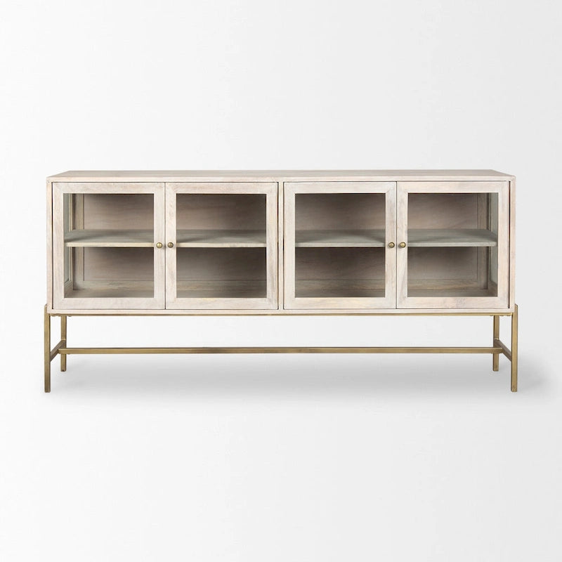 Bahut en bois massif blond avec piètement en fer doré et portes vitrées – 70 larg. x 32 haut. x 18,75 prof.