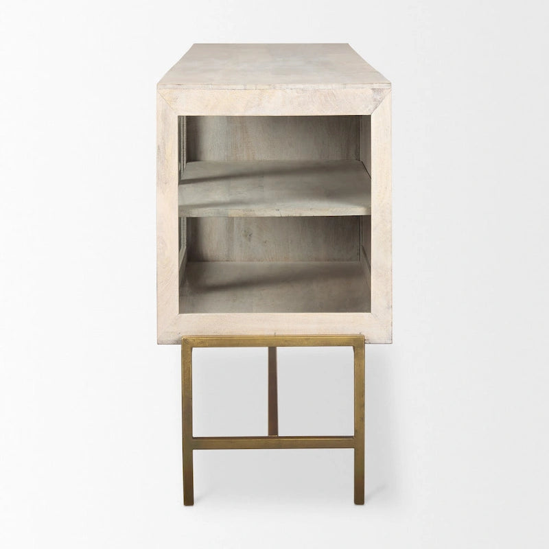 Bahut en bois massif blond avec piètement en fer doré et portes vitrées – 70 larg. x 32 haut. x 18,75 prof.