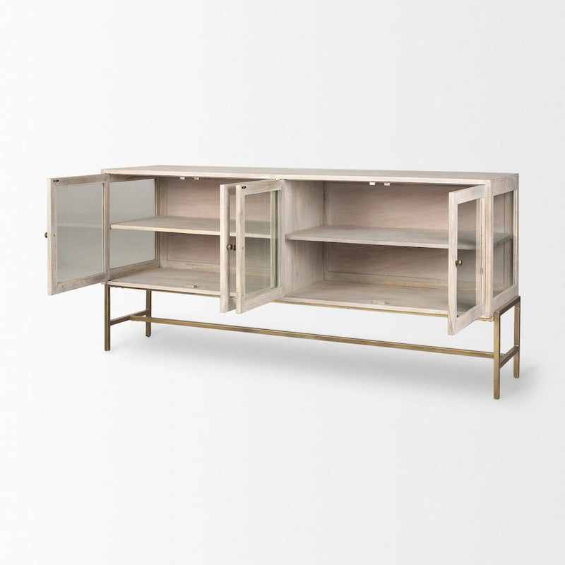 Bahut en bois massif blond avec piètement en fer doré et portes vitrées – 70 larg. x 32 haut. x 18,75 prof.