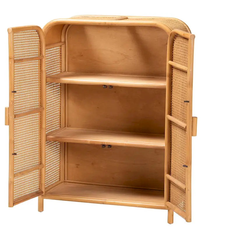 Armoire de rangement 2 portes Curacao Modern Bohemian en rotin miel clair